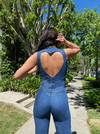Women's Denim Jumpsuit with V Neckline and Flared Leg