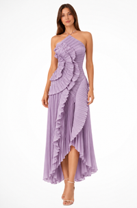 Women's Maxi Halter Neck Dress with Ruffled Hem and Pleated Skirt