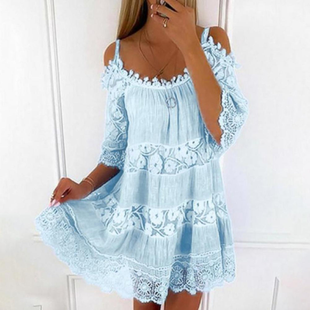 Women's Mini Summer Dress with Off Shoulder Neckline and Tiered Hem