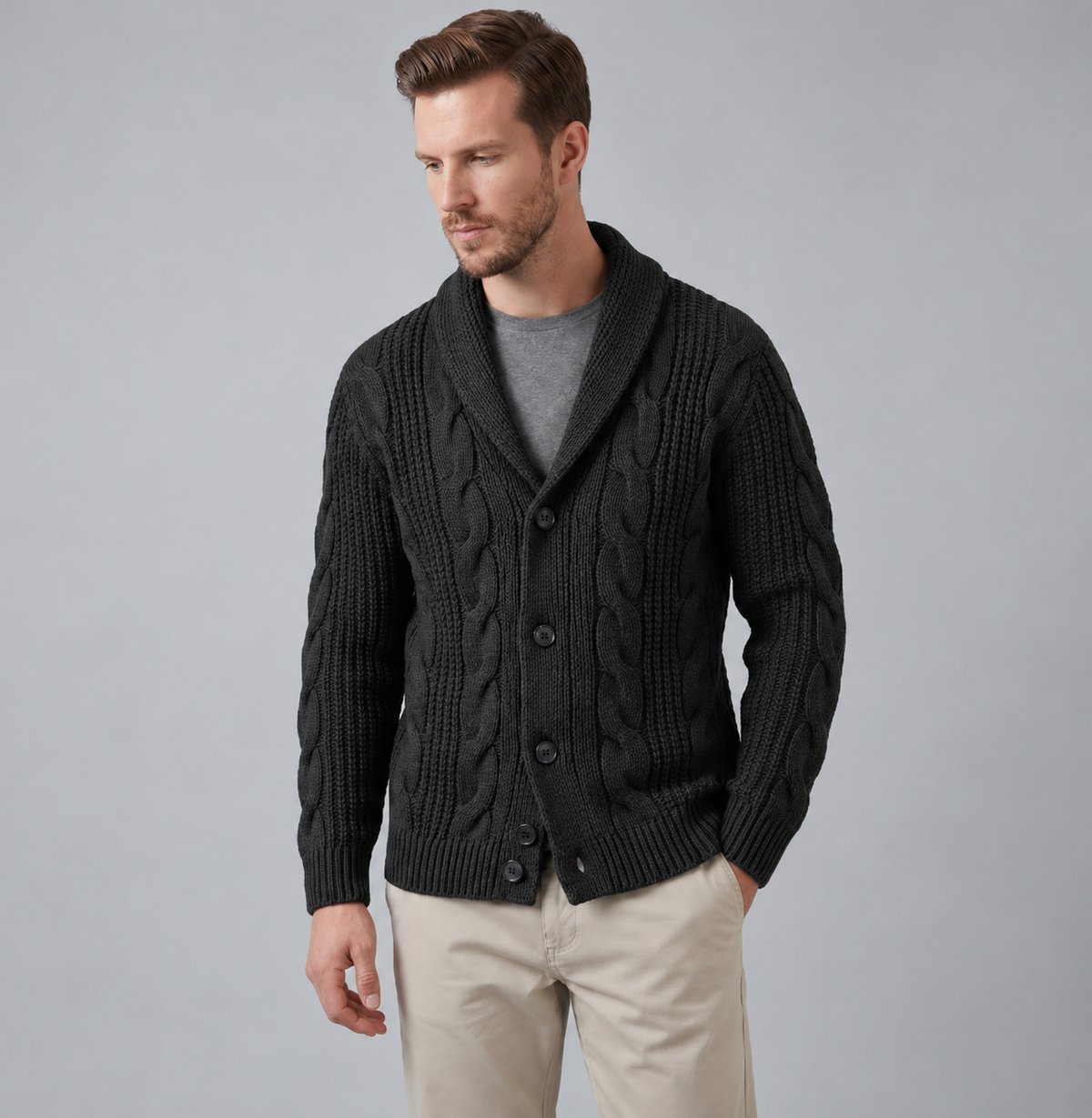 Men's Warm Wool Knitted Cardigan with Shawl Collar
