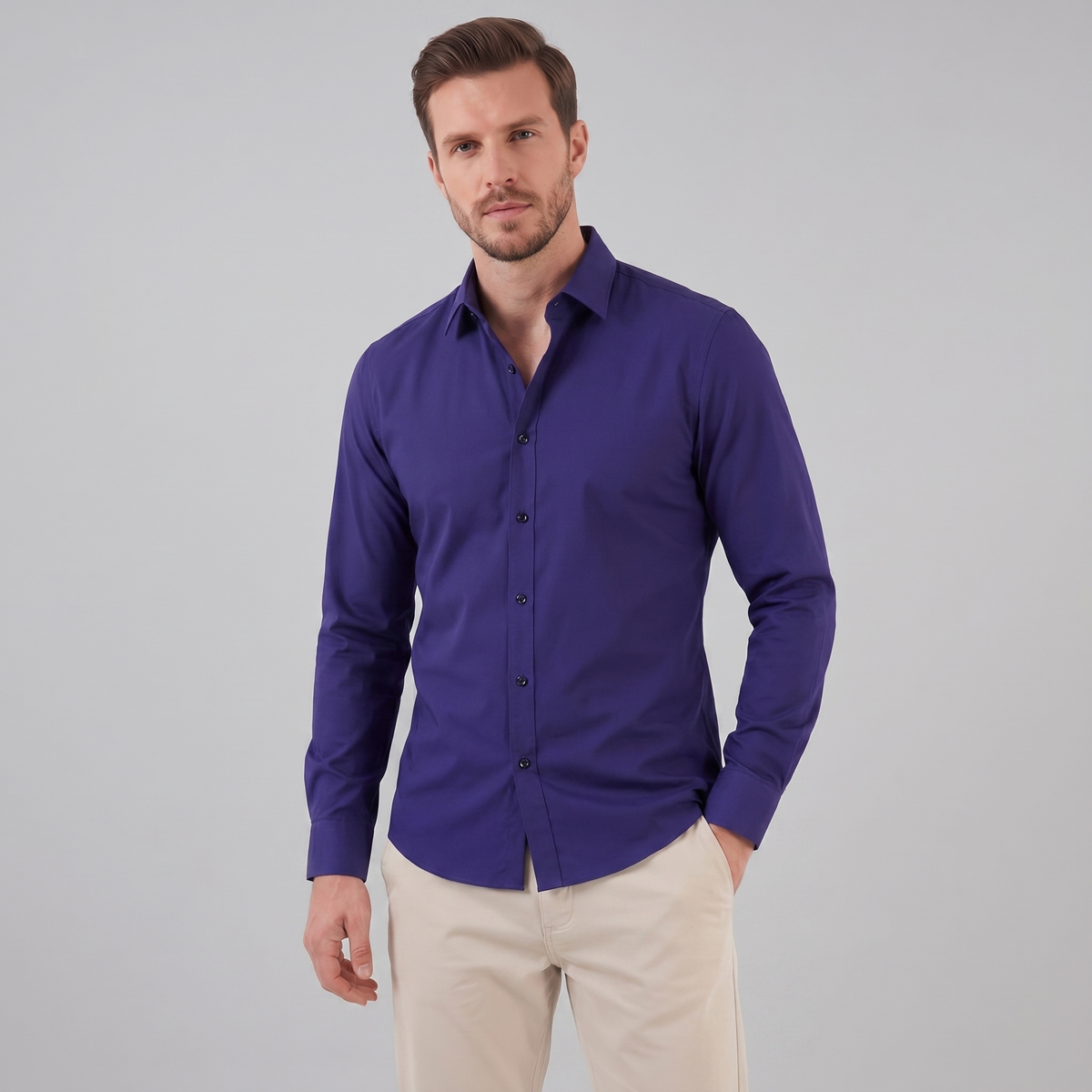 Men's Slim Fit Long-Sleeve Dress Shirt with Point Collar View 52
