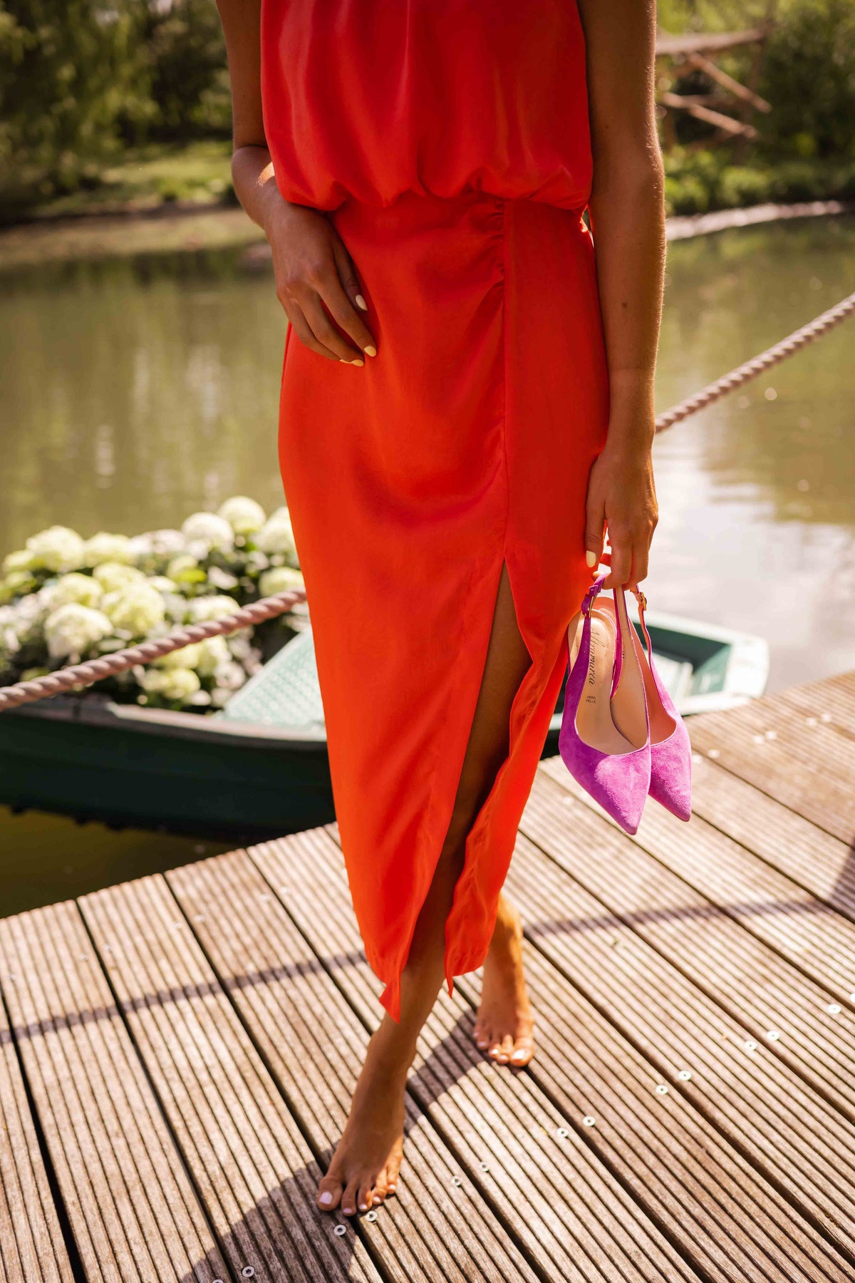 Women's Midi Halter Neck Dress with Side Slit and Sleeveless