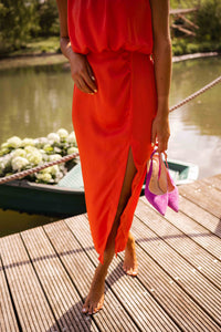 Women's Midi Halter Neck Dress with Side Slit and Sleeveless