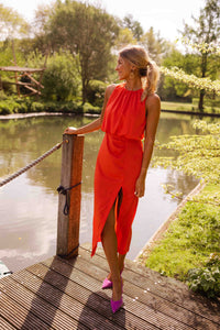 Women's Midi Halter Neck Dress with Side Slit and Sleeveless