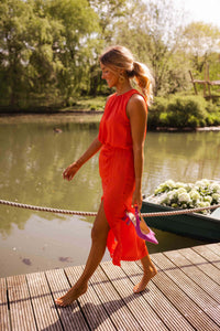 Women's Midi Halter Neck Dress with Side Slit and Sleeveless