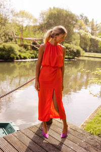 Women's Midi Halter Neck Dress with Side Slit and Sleeveless