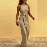 Women's Sleeveless Jumpsuit with Tie Waist and Wide Leg