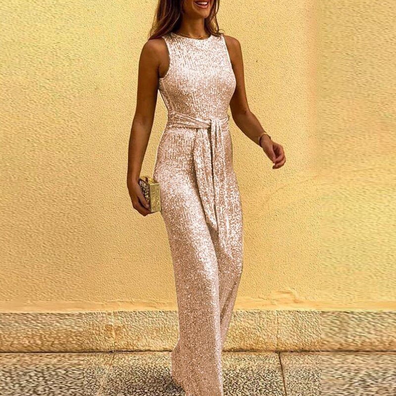 Women's Sleeveless Jumpsuit with Tie Waist and Wide Leg