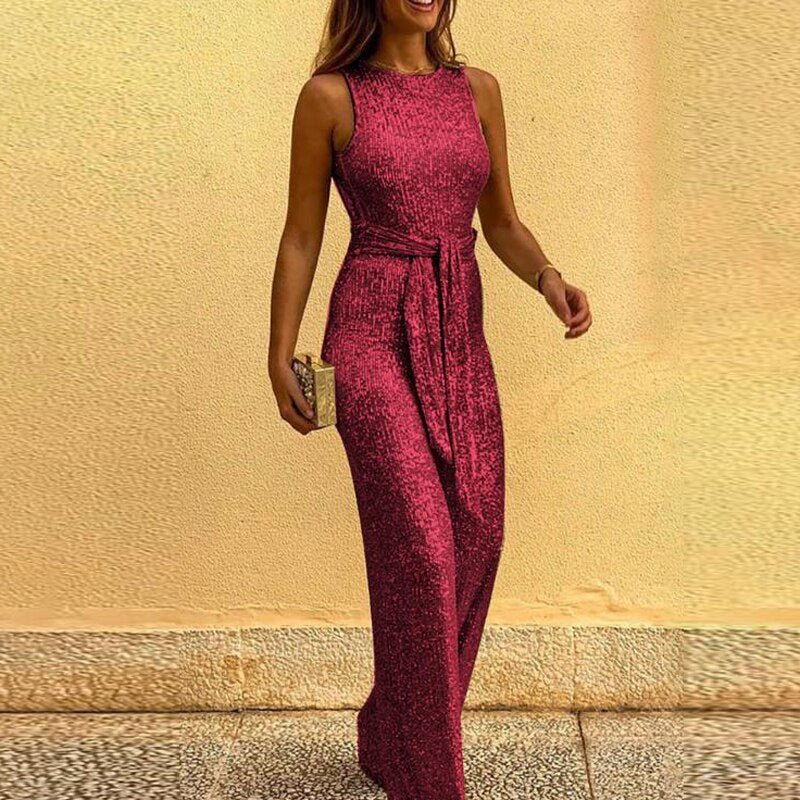 Women's Sleeveless Jumpsuit with Tie Waist and Wide Leg