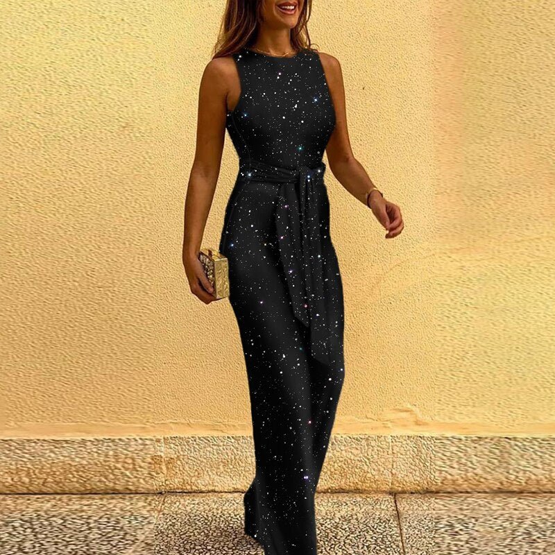 Women's Sleeveless Jumpsuit with Tie Waist and Wide Leg