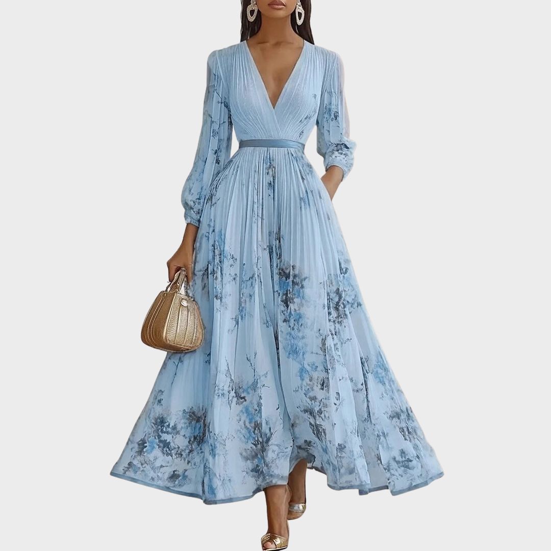 Women's Midi Wedding Guest Dress with V Neckline and Pleated Skirt