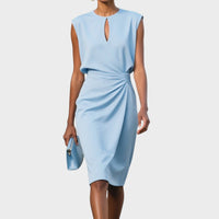 Women's Sleeveless Midi Occasion Dress with Keyhole Neckline and Ruched Waist