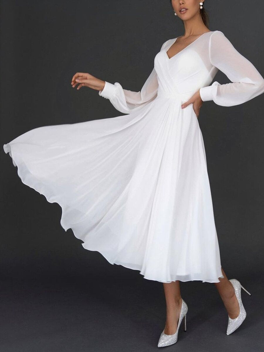 Women's Maxi White Dress with V Neckline and Puff Sleeves