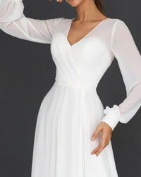 Women's Maxi White Dress with V Neckline and Puff Sleeves