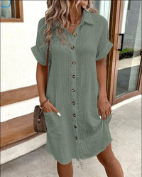 Women's Mini Shirt Dress with Short Sleeves and Side Pockets