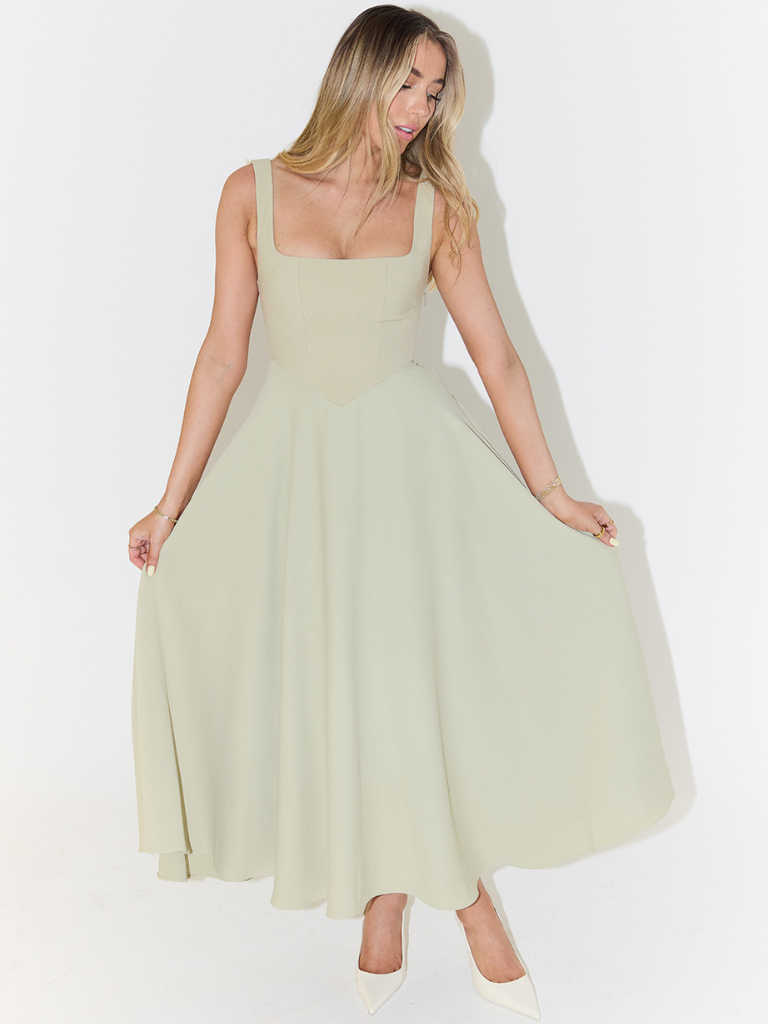 Women's Midi Wedding Guest Dress with Square Neckline and Sleeveless