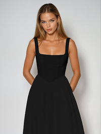 Women's Midi Wedding Guest Dress with Square Neckline and Sleeveless