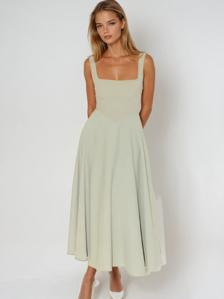 Women's Midi Wedding Guest Dress with Square Neckline and Sleeveless
