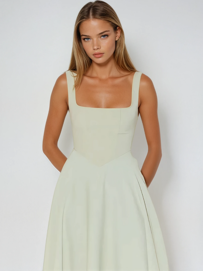 Women's Midi Wedding Guest Dress with Square Neckline and Sleeveless
