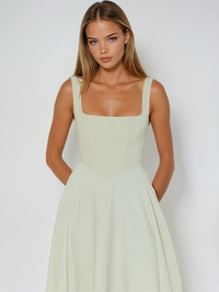 Women's Midi Wedding Guest Dress with Square Neckline and Sleeveless