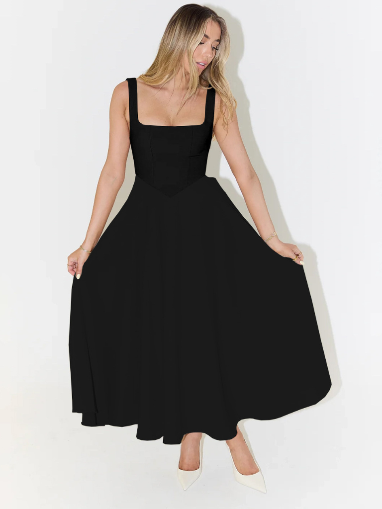 Women's Midi Wedding Guest Dress with Square Neckline and Sleeveless