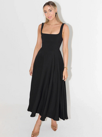 Women's Midi Wedding Guest Dress with Square Neckline and Sleeveless