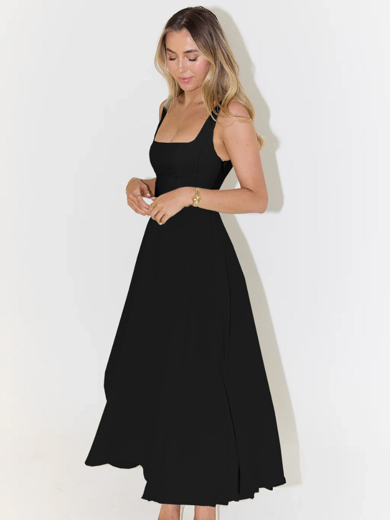 Women's Midi Wedding Guest Dress with Square Neckline and Sleeveless