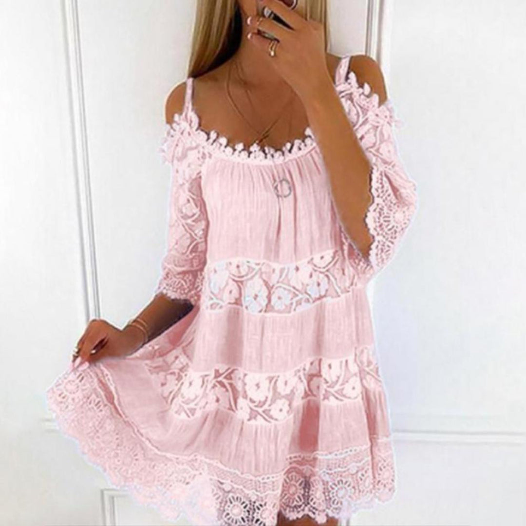 Women's Mini Summer Dress with Off Shoulder Neckline and Tiered Hem