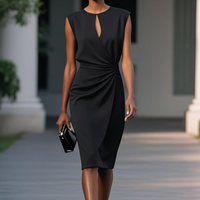 Women's Sleeveless Midi Occasion Dress with Keyhole Neckline and Ruched Waist