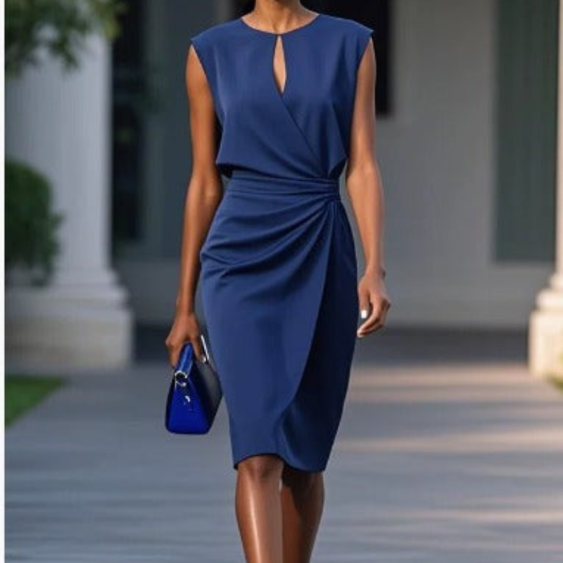 Women's Sleeveless Midi Occasion Dress with Keyhole Neckline and Ruched Waist