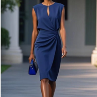 Women's Sleeveless Midi Occasion Dress with Keyhole Neckline and Ruched Waist