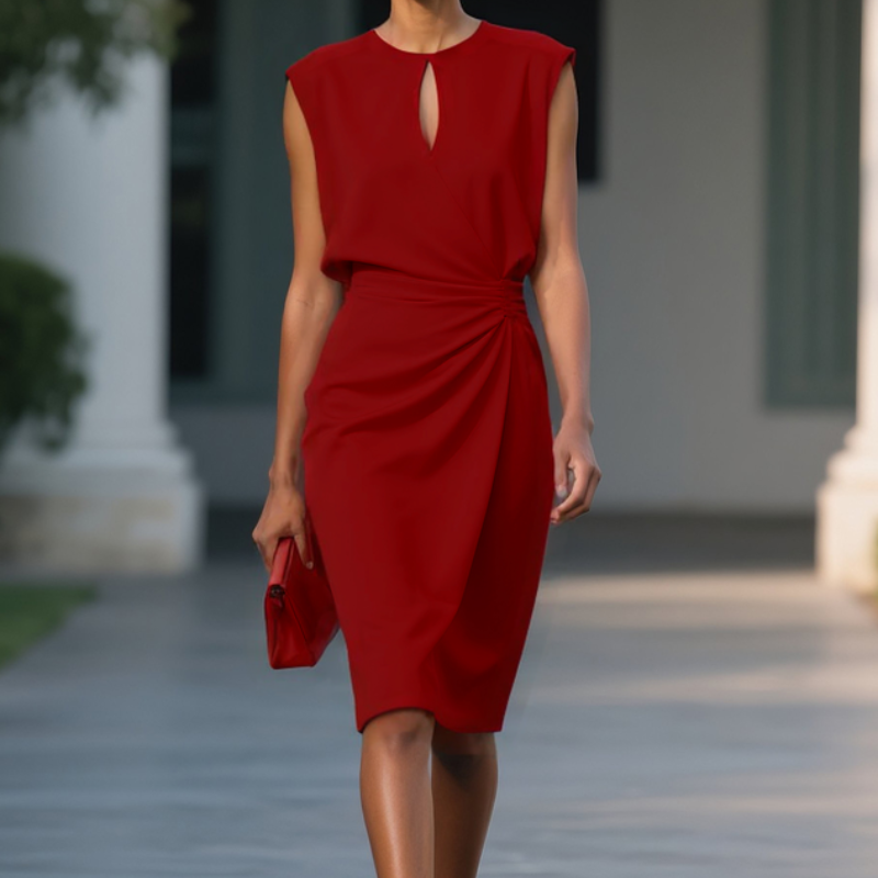Women's Sleeveless Midi Occasion Dress with Keyhole Neckline and Ruched Waist