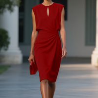 Women's Sleeveless Midi Occasion Dress with Keyhole Neckline and Ruched Waist
