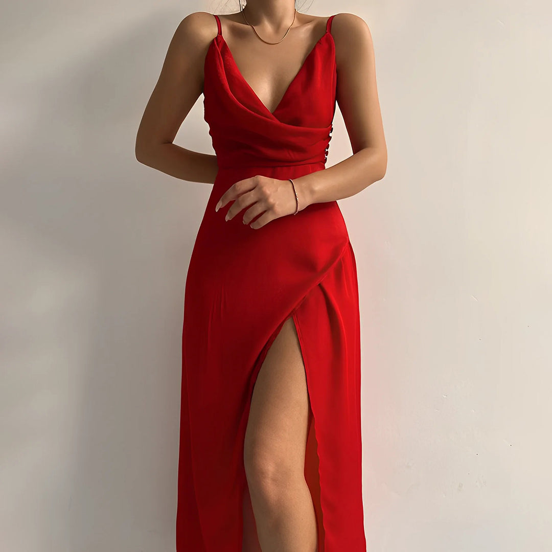 Women's Midi Wedding Guest Dress with V Neckline and Side Slit