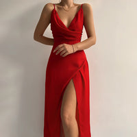 Women's Midi Wedding Guest Dress with V Neckline and Side Slit
