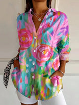 Women's Vibrant Floral Print Long Sleeve Button Shirt