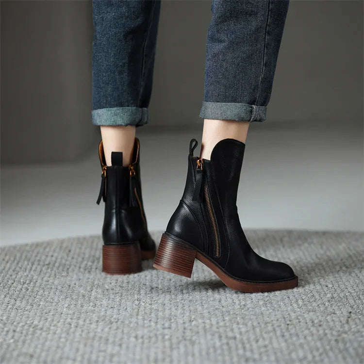 Women's Block Heel Ankle Boots with Side Zip