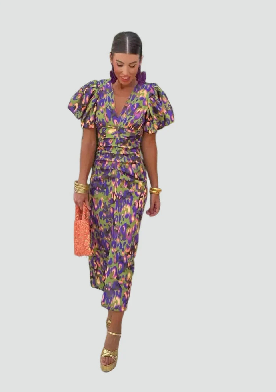 Women's Midi Wedding Guest Dress with V Neckline and Puff Sleeves