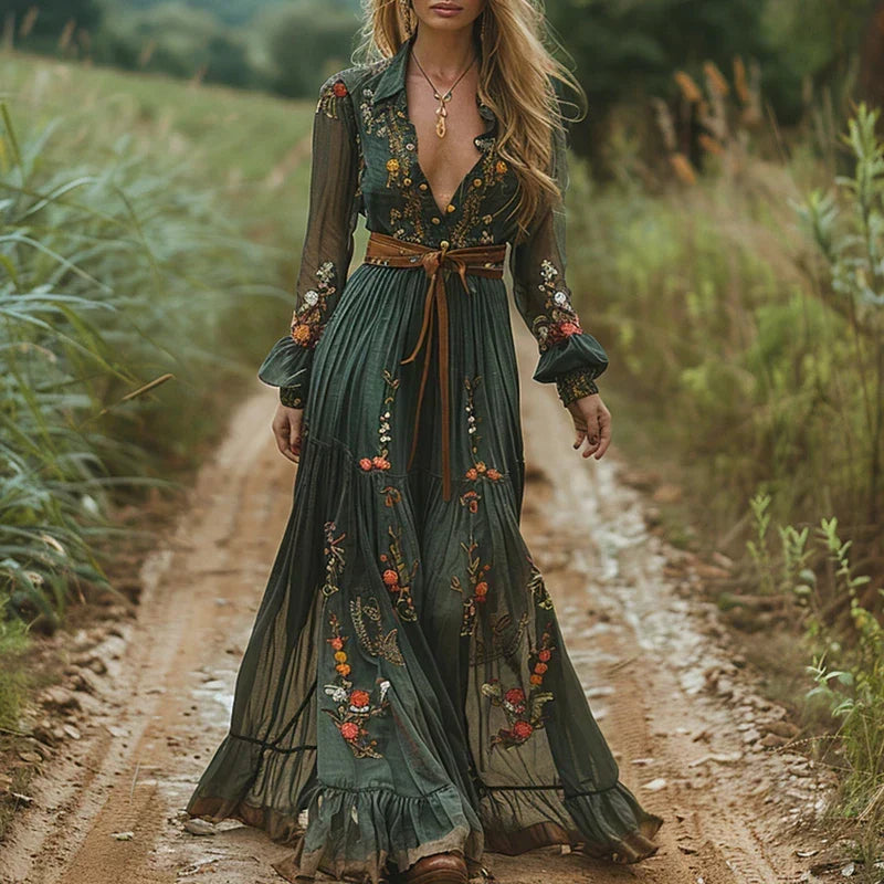 Women's Maxi Summer Dress with Floral Print and Bell Sleeves