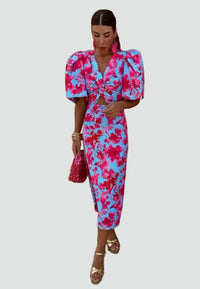 Women's Midi Wedding Guest Dress with V Neckline and Puff Sleeves
