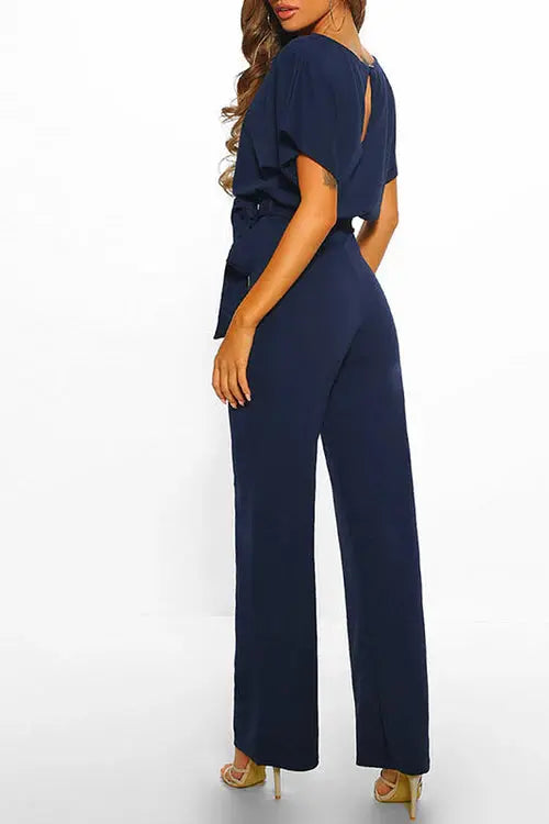 Women's Wide Leg Jumpsuit with Bateau Neckline and Tie Waist