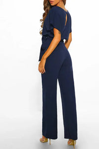 Women's Wide Leg Jumpsuit with Bateau Neckline and Tie Waist