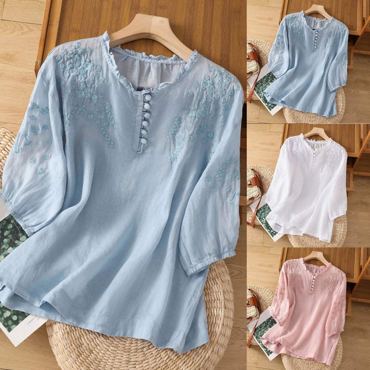 Women's Tops with V Neckline and Puff Sleeves