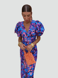 Women's Midi Wedding Guest Dress with V Neckline and Puff Sleeves