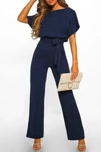 Women's Wide Leg Jumpsuit with Bateau Neckline and Tie Waist
