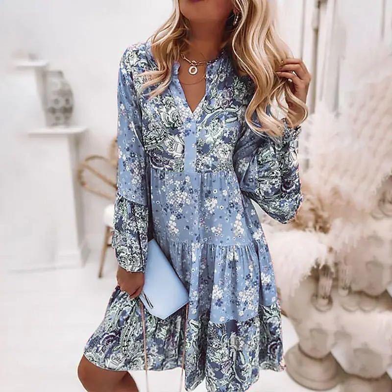 Women's Mini Summer Dress with Floral Print and Long Sleeves
