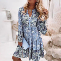 Women's Mini Summer Dress with Floral Print and Long Sleeves