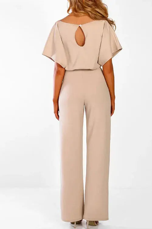 Women's Wide Leg Jumpsuit with Bateau Neckline and Tie Waist