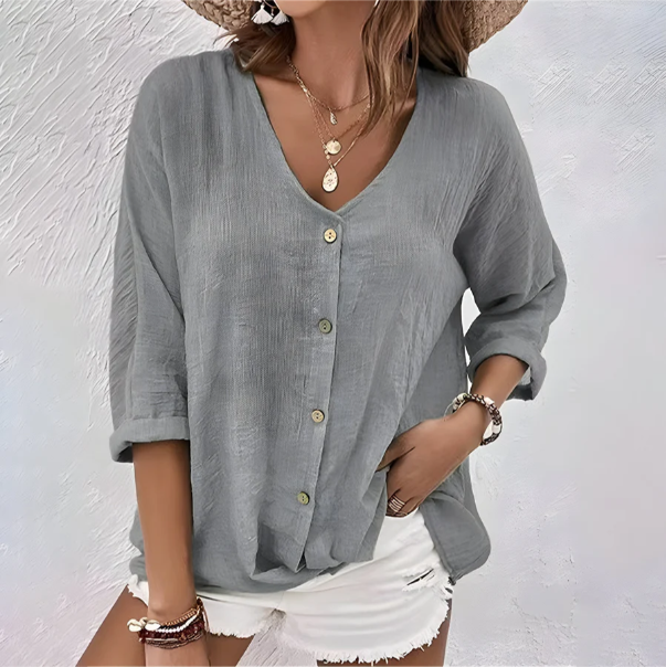 Women's V Neckline Tops with Button Up and Short Sleeves