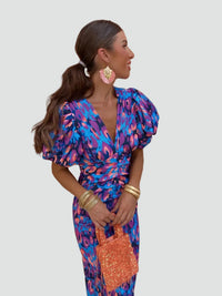 Women's Midi Wedding Guest Dress with V Neckline and Puff Sleeves